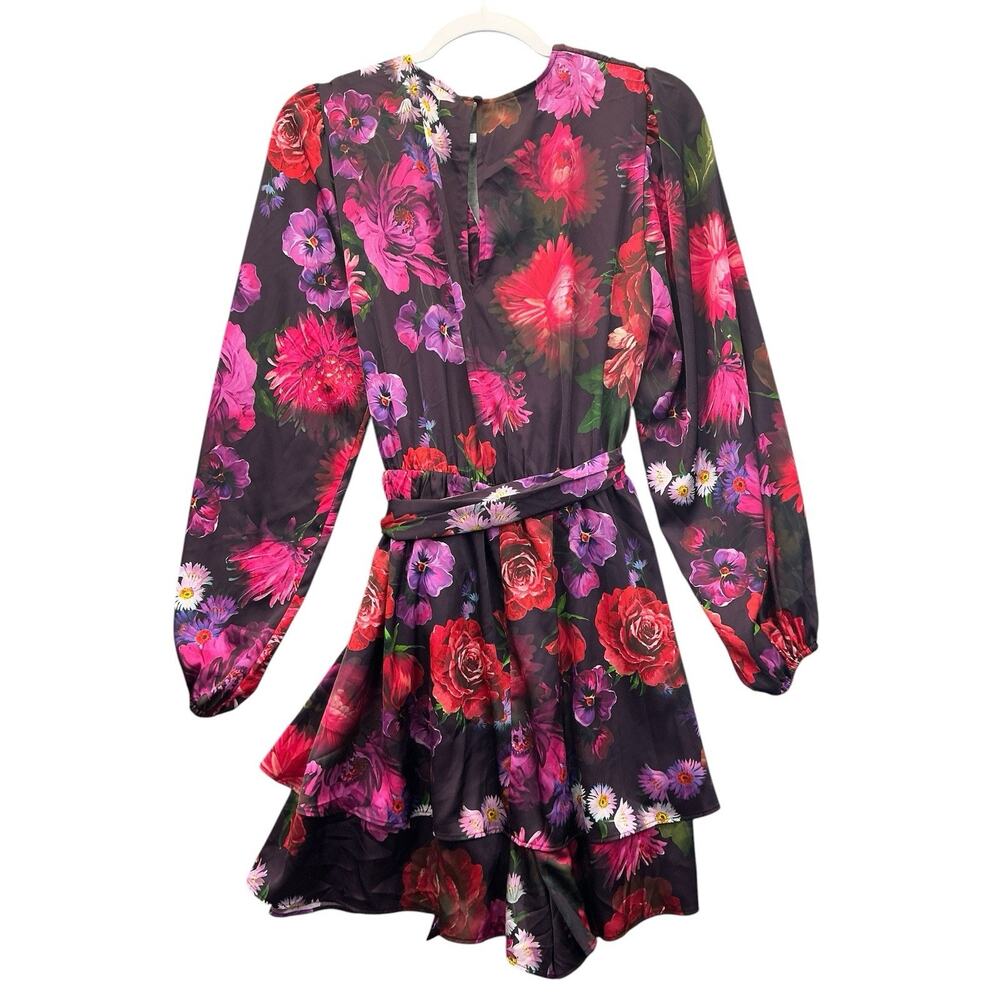 EXPRESS Floral V Neck Long Sleeve Tie-Belt Romper Party Dress Sz.L New NWT - Picture 3 of 11